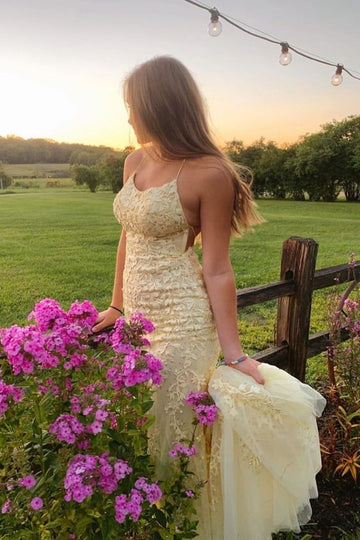 yellow lace appliqued long prom dress with straps HZ1023